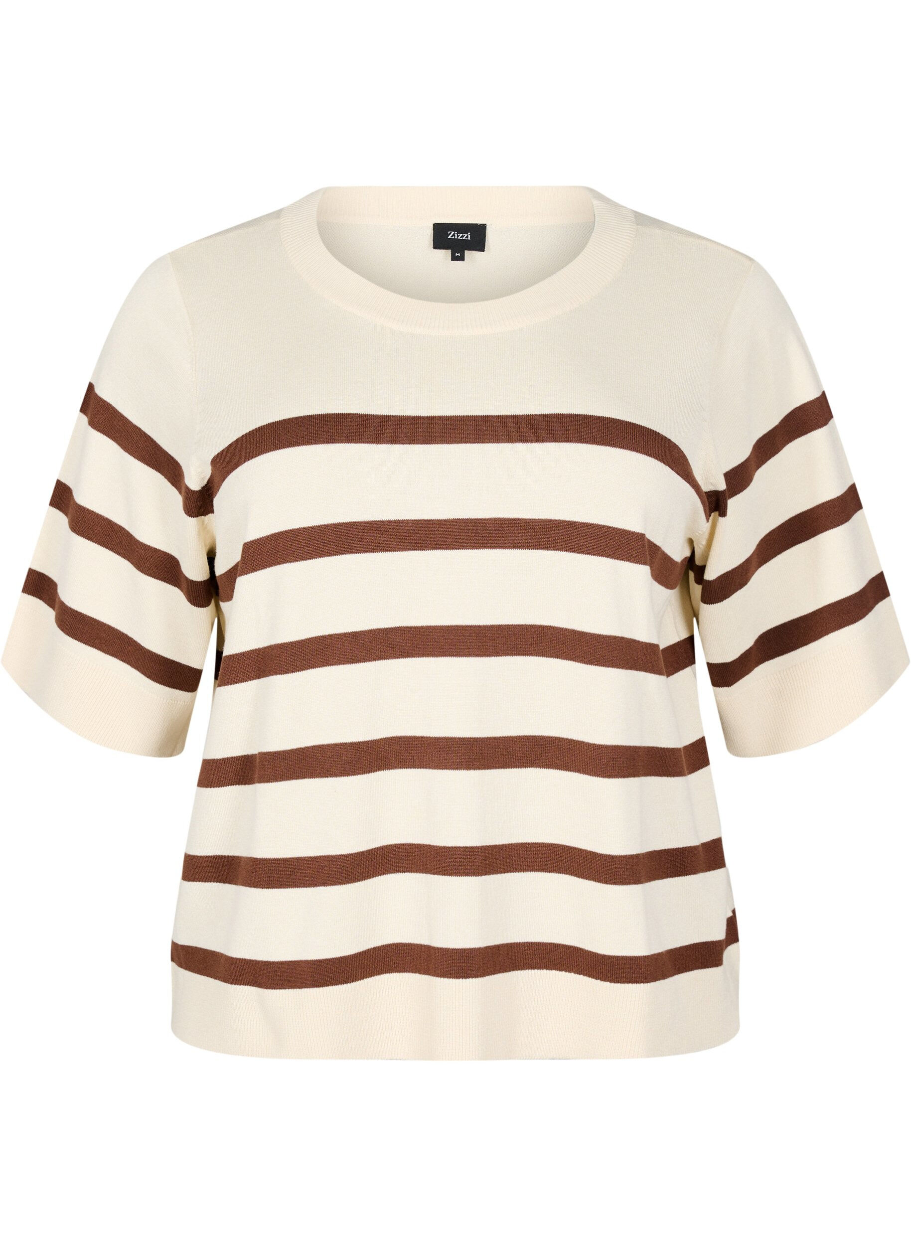 Zizzi Gestreiftes Stricktop mit kurzen &Auml;rmeln, Beige, Packshot image number 0