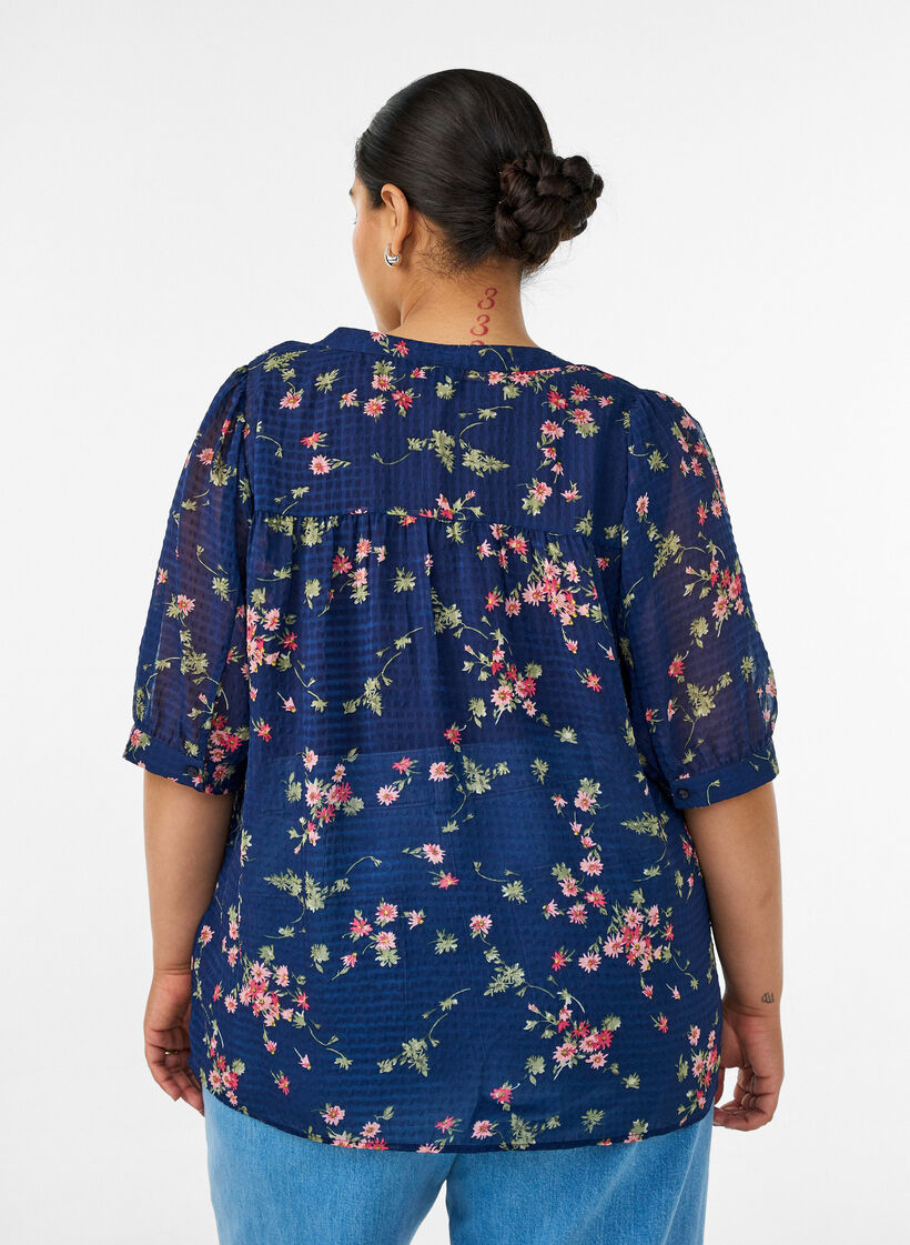 Gebl&uuml;mte Bluse mit V-Ausschnitt, Blau, Model image number 2
