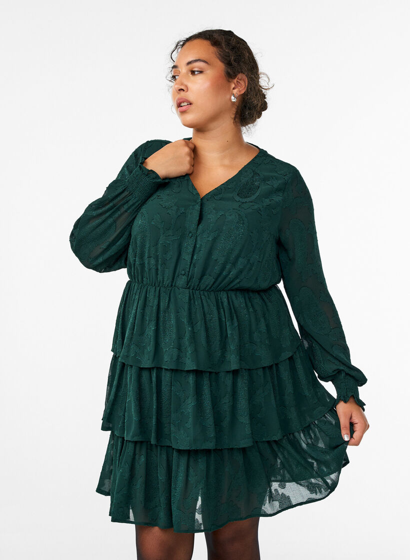 Kurzes Kleid mit R&uuml;schen und Strukturmuster, Gr&uuml;n, Model image number 0
