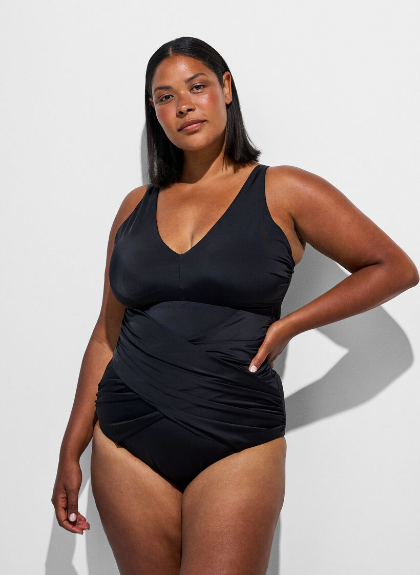 Badeanzug mit gekreuztem Raffungselement, Schwarz, Model image number 0
