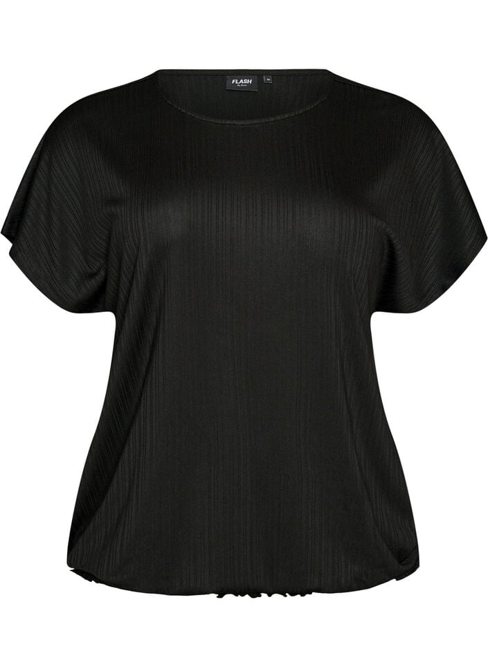 Jersey-Bluse mit strukturierten Streifen und Smocksaum, Schwarz, Packshot image number 0