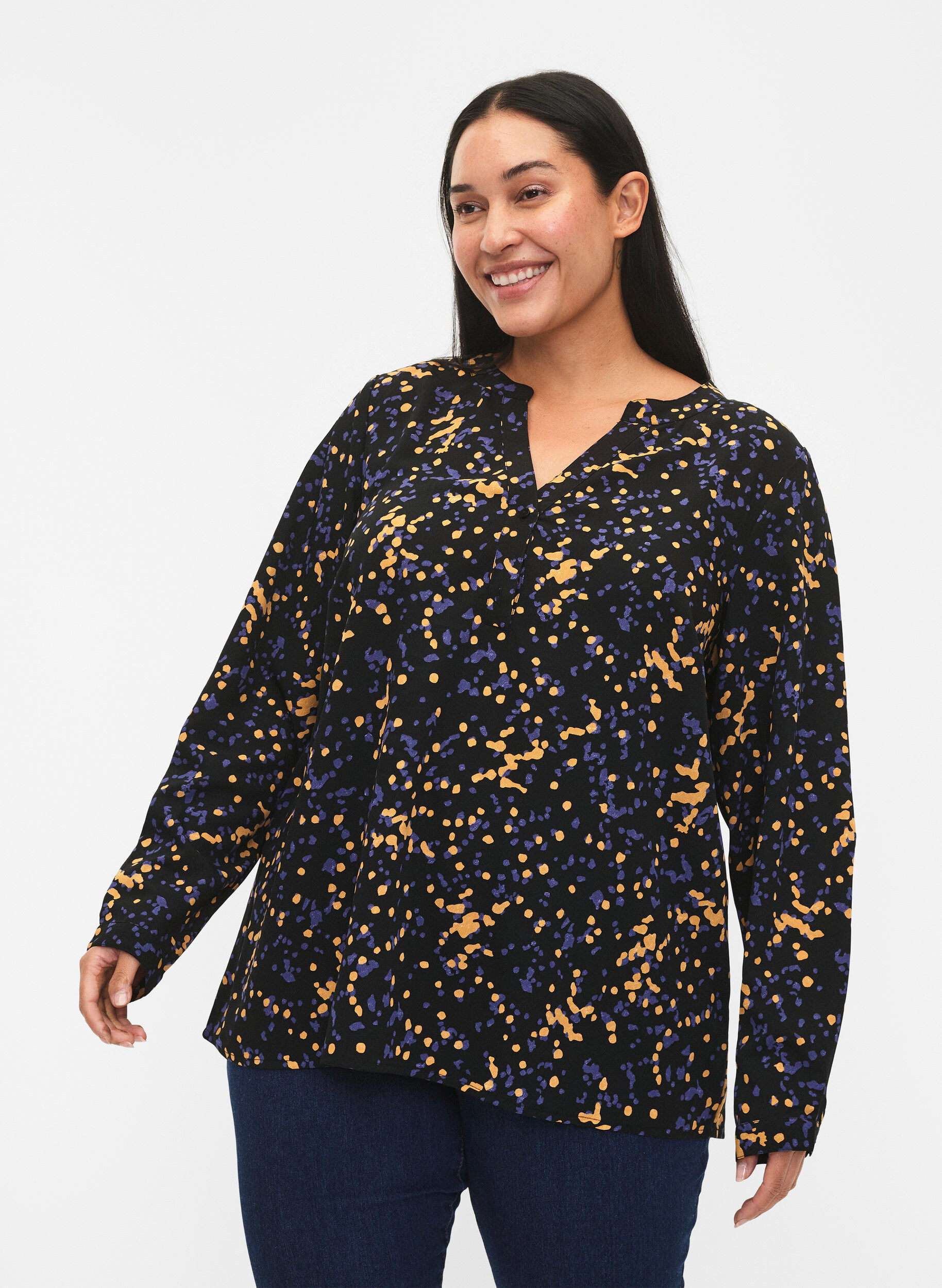 Zizzi FLASH &ndash; Lang&auml;rmlige Bluse mit Druck, Black Splash AOP, Model image number 0
