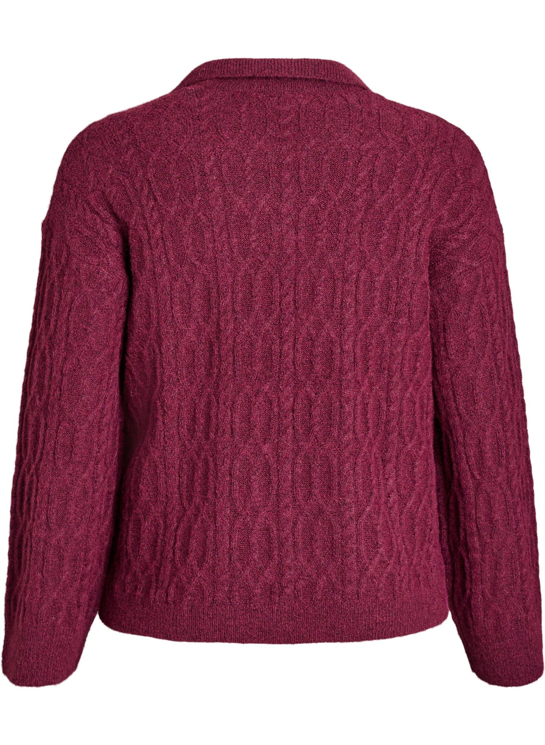 Zizzi Zopfmusterpullover mit Polokragen, Dunkles Bordeaux, Packshot image number 1