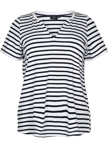 Baumwoll-T-Shirt mit Streifen und V-Ausschnitt, B. White/Bl. Stripes, Packshot image number 0