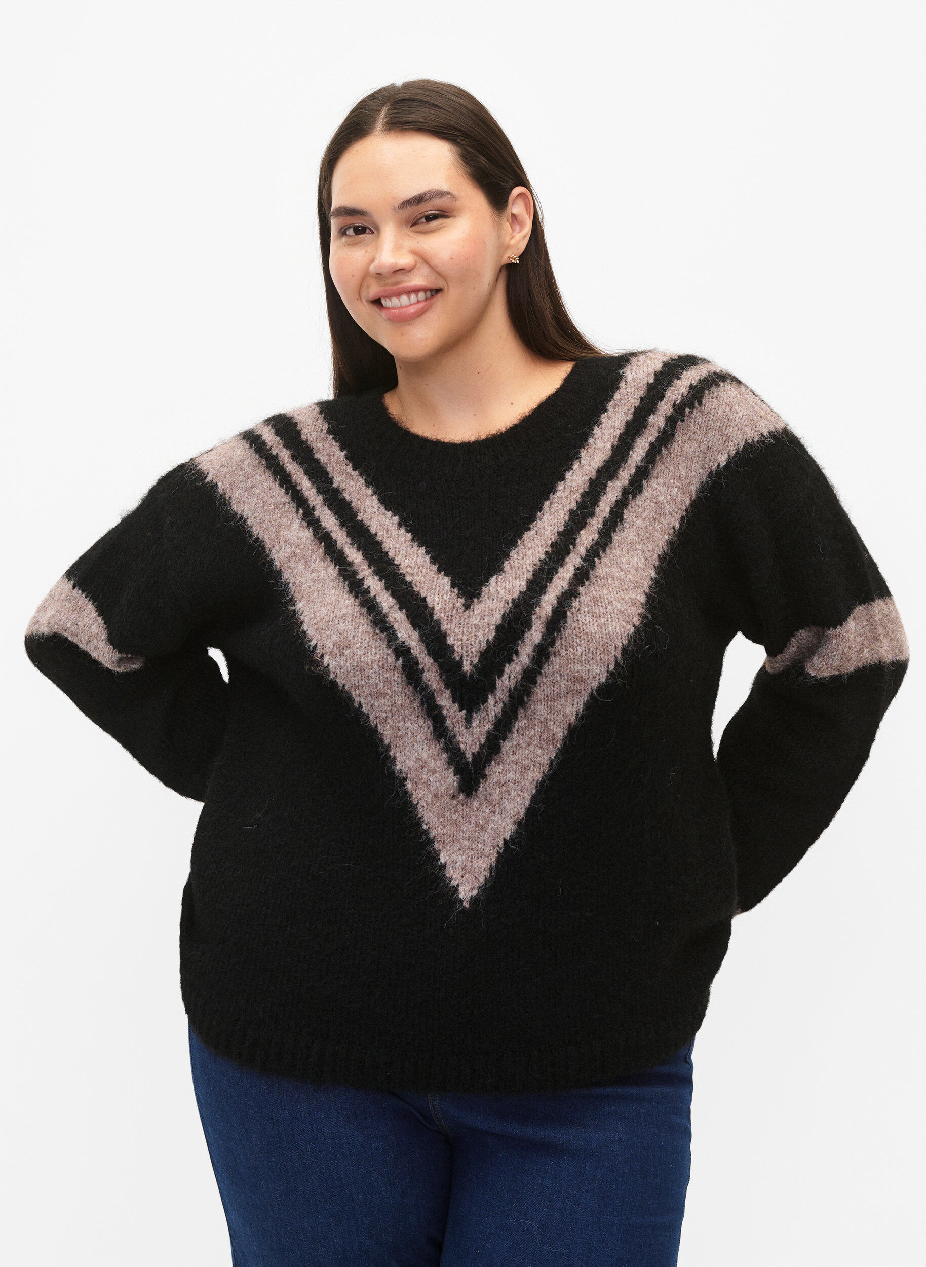 Zizzi Gestrickter Pullover mit Streifendetail, Black Comb, Model image number 0