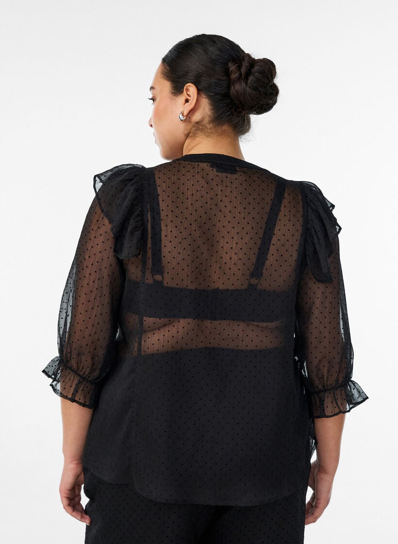 Transparente Hemdbluse mit Punkten und R&uuml;schendetails, Schwarz, Model image number 2