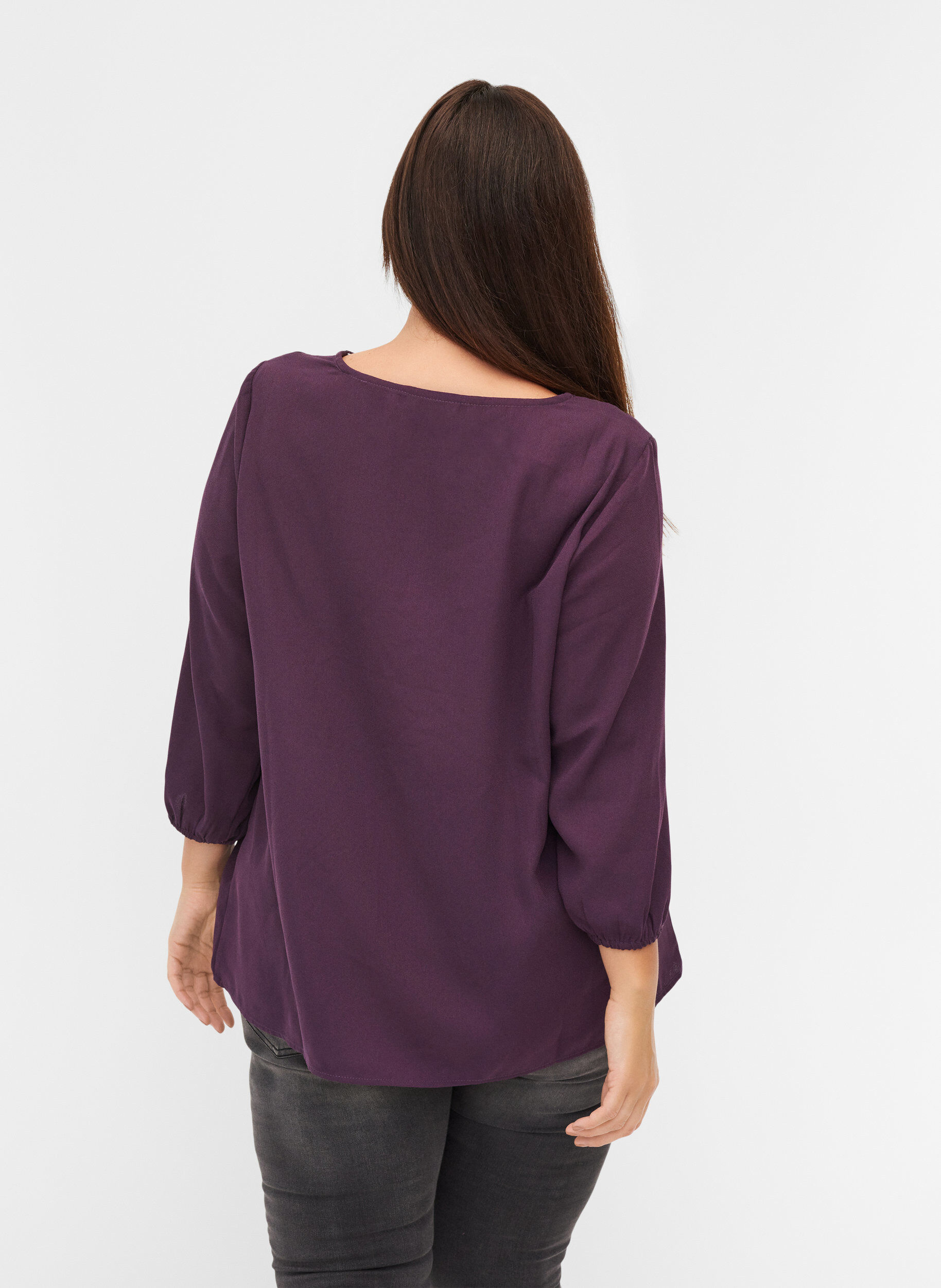 Zizzi Einfarbige Bluse mit Spitze und 3/4-&Auml;rmeln, Plum Perfect, Model image number 1