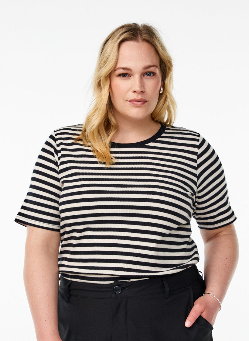 Gestreiftes T-Shirt mit gerippter Struktur, Schwarz, Model image number 0