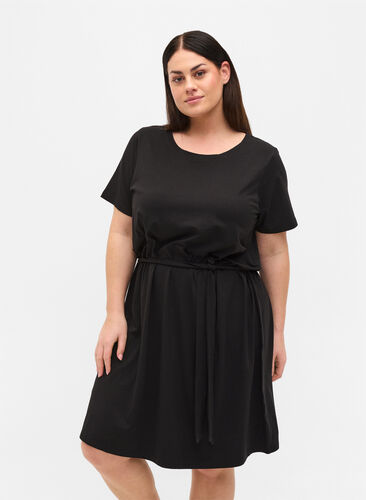 Kurzarm Kleid mit Taillengürtel, Black, Model image number 0