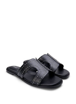 Flache Slip-on-Sandalen mit breiter Passform und Nieten, Black, Packshot image number 1