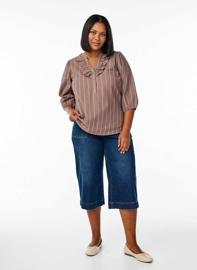 Bluse aus Baumwolle mit 3/4-Ärmeln und Streifenmuster, Braun, Model image number 1