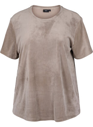 Kurzarm Velours T-Shirt, Taupe Gray, Packshot image number 0