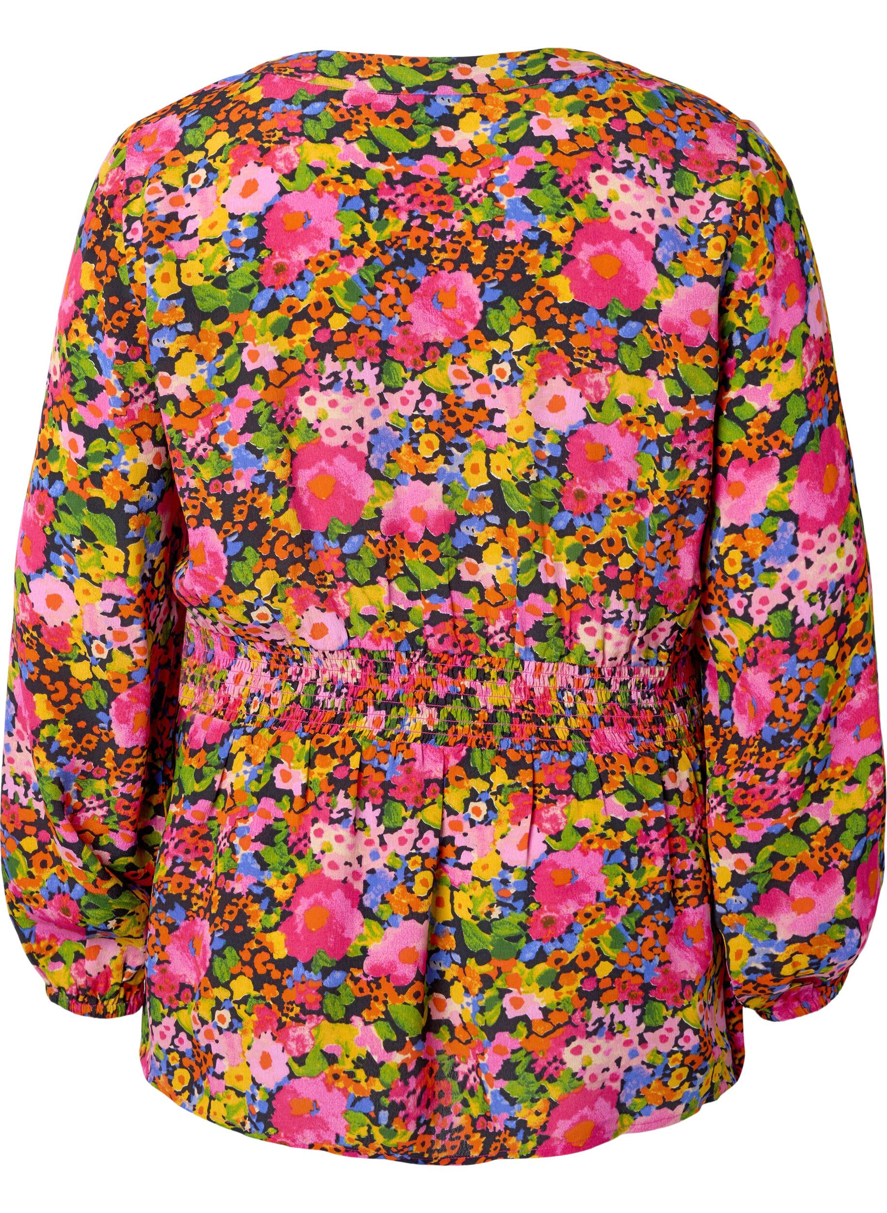 Zizzi Viskosebluse mit Blumendruck und Smock, Neon Flower Print, Packshot image number 1