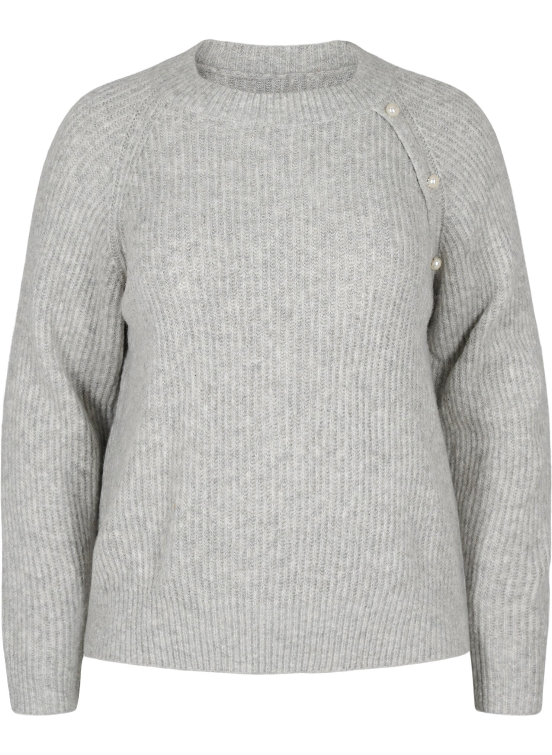 Zizzi Melierter Strickpulli mit Perlenkn&ouml;pfen, Light Grey Melange, Packshot image number 0