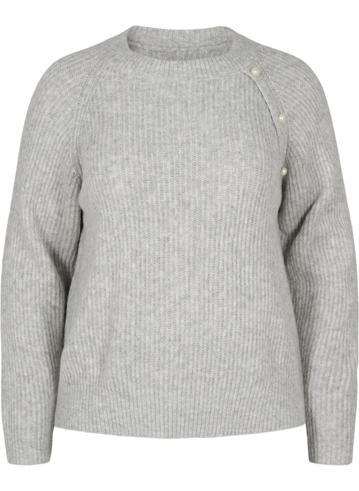 Melierter Strickpulli mit Perlenknöpfen, Light Grey Melange, Packshot image number 0