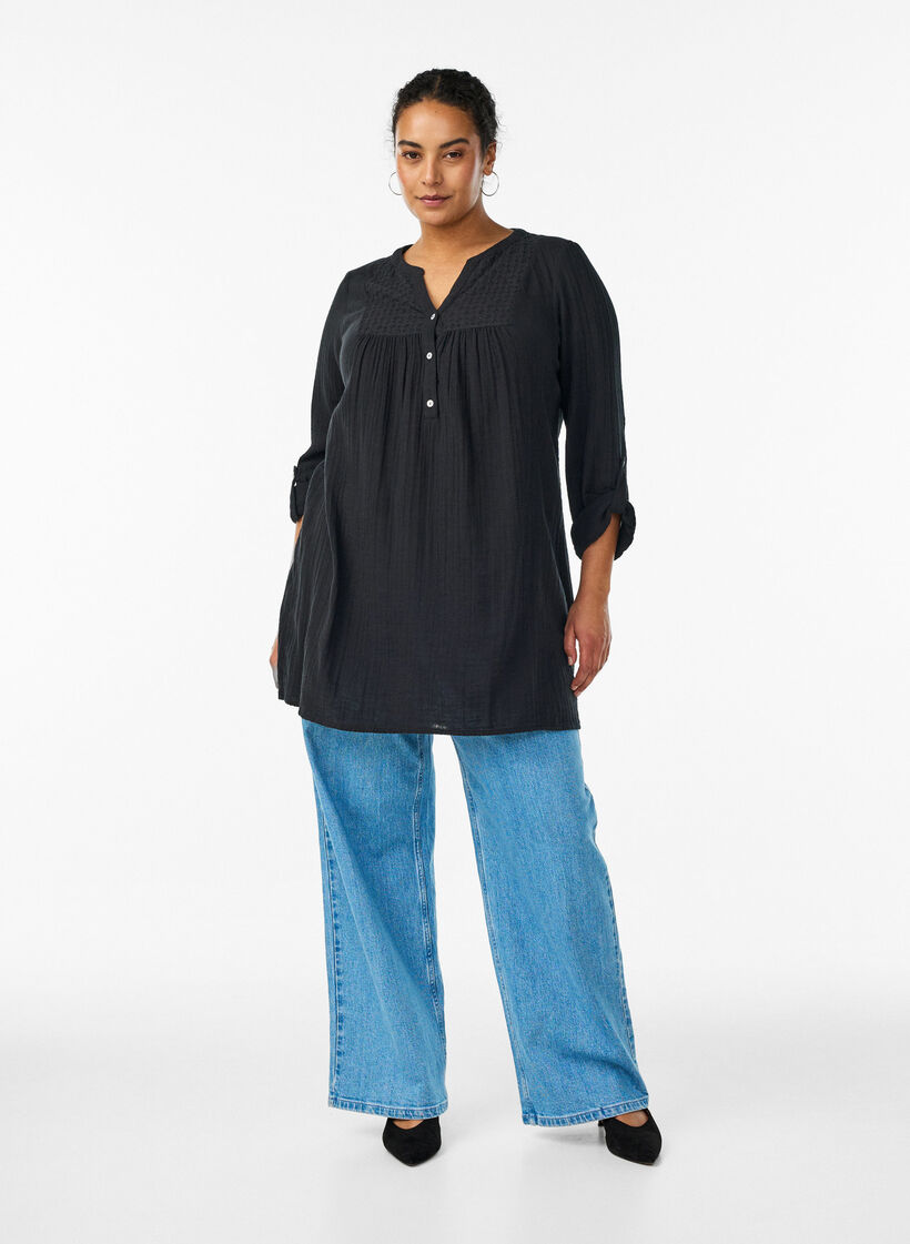 Tunika aus Baumwollmusselin mit Broderie Anglaise, Schwarz, Model image number 1