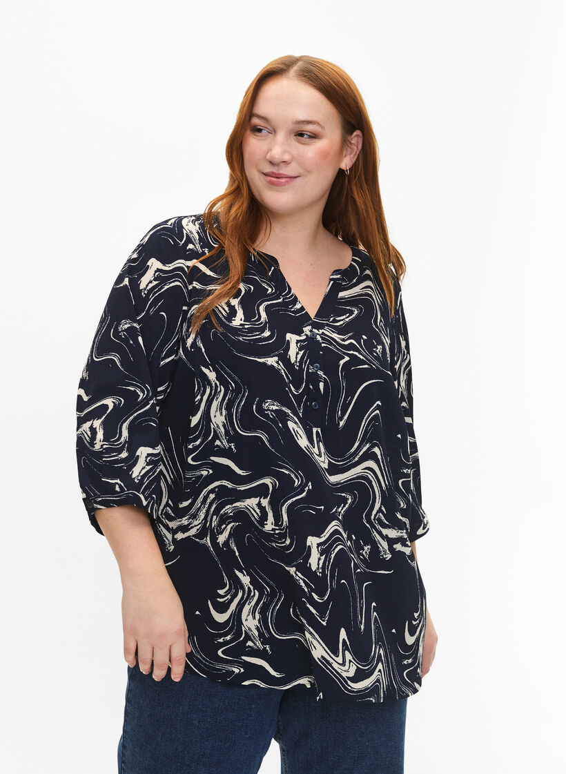 Bedruckte Bluse mit 3/4-Ärmeln, N. Blazer Swirl AOP, Model image number 0