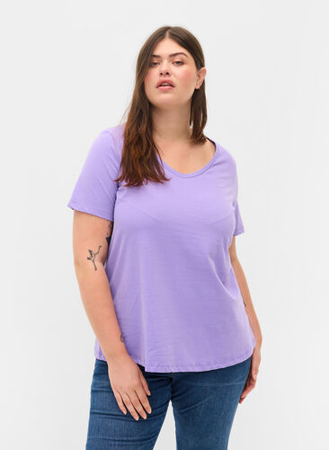 Einfarbiges basic T-Shirt aus Baumwolle, Paisley Purple, Model image number 0
