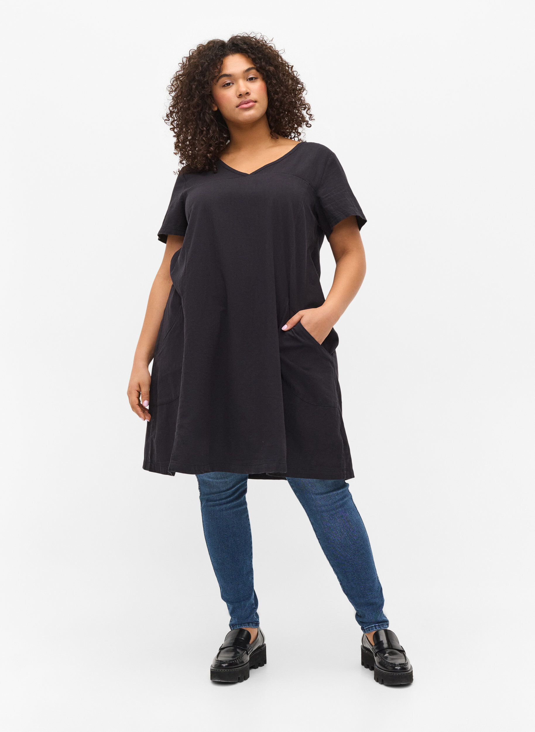 ZizziKurzarm Kleid aus Baumwolle, Schwarz, Model image number 1