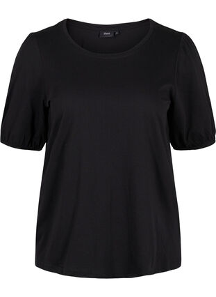 T-Shirt aus Baumwolle mit Ärmeln in Ellbogenlänge, Black, Packshot image number 0