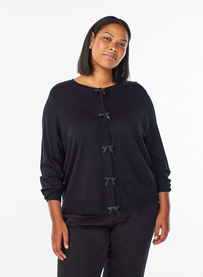 Cardigan mit perlenbestickten Schleifen und Druckkn&ouml;pfen, Schwarz, Model image number 0