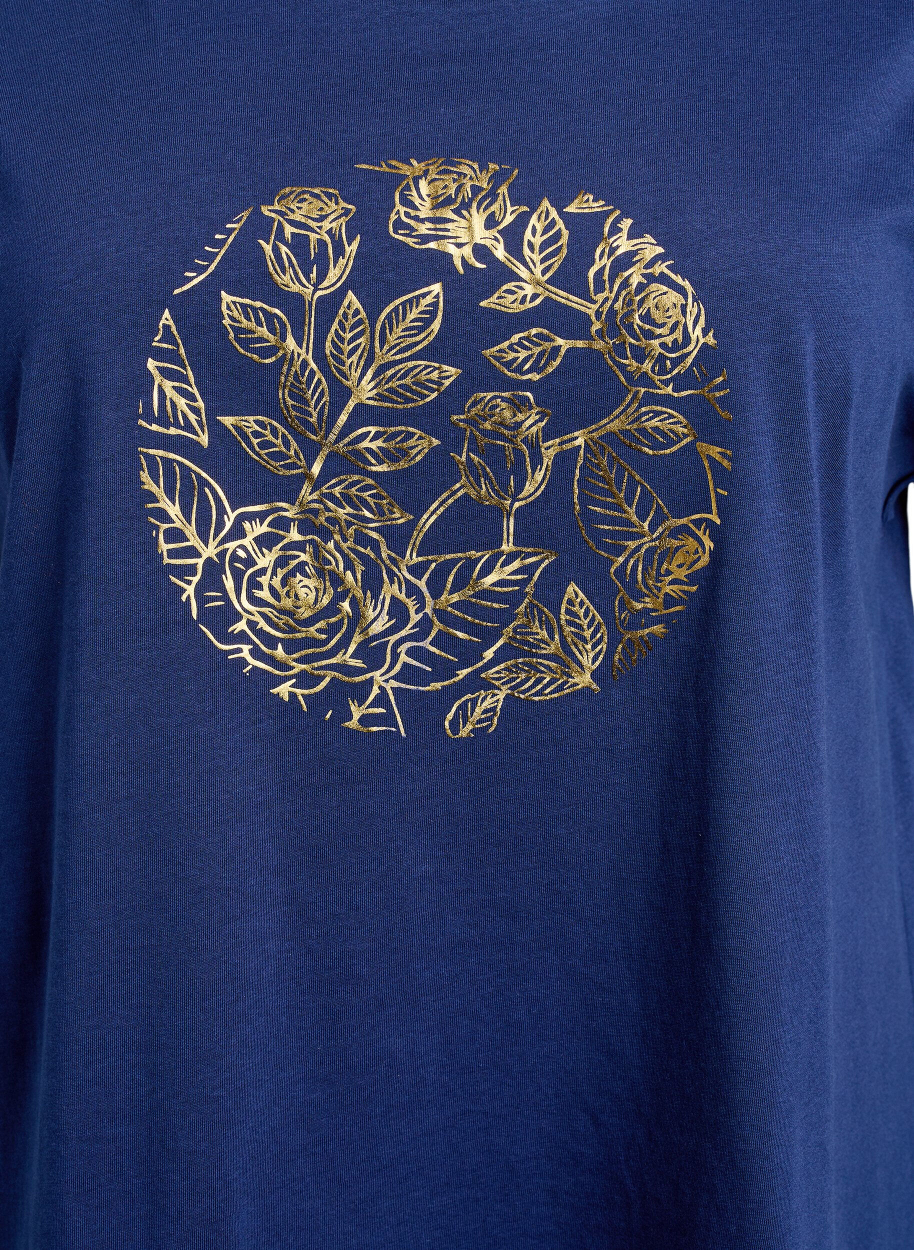 Zizzi T-Shirt mit goldfarbenem Blumendruck, Naval A. Gold Rose, Packshot image number 2