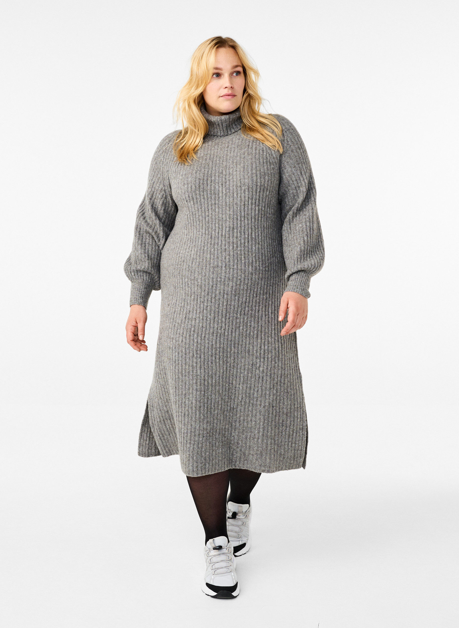 Zizzi Langes Strickkleid mit Rollkragen, Medium Grey Mel., Model image number 0