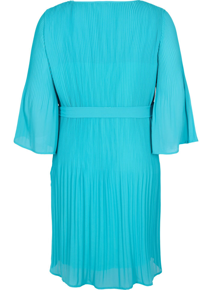 Plissiertes Kleid mit 3/4-Ärmeln, Turquoise, Packshot image number 1