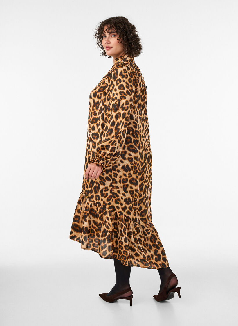 Kleid mit Leopardenmuster und R&uuml;schendetails, Braun, Model image number 1