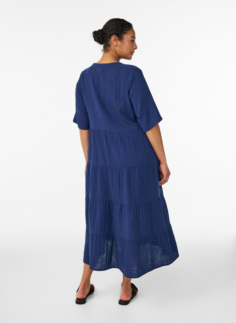 Midikleid in A-Linie aus Baumwoll-Musselin, Blau, Model image number 1