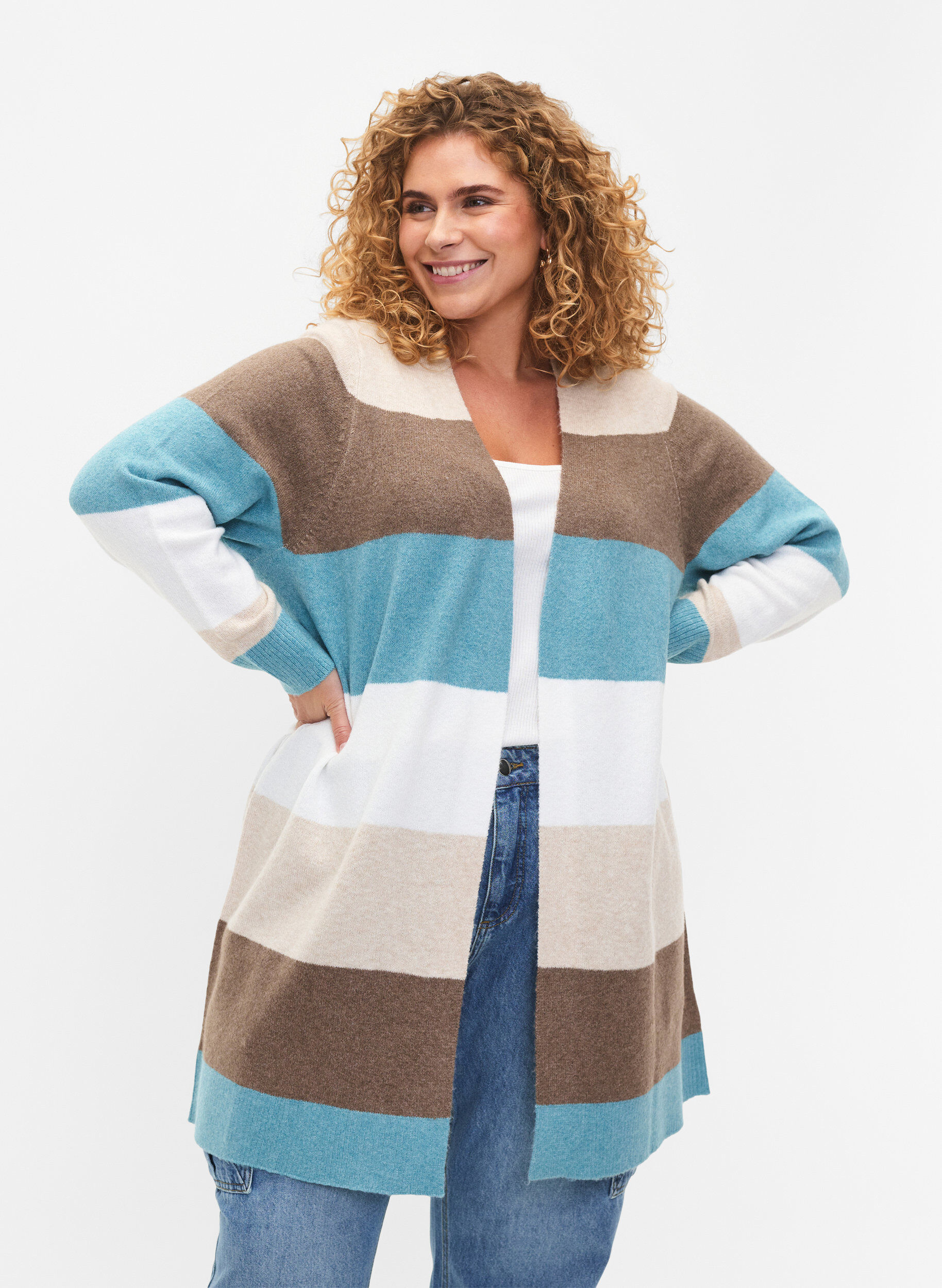 Zizzi Lange Strickjacke mit offener Vorderseite, Reef Waters Mel Comb, Model image number 0