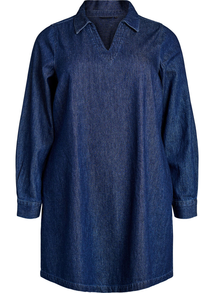 Jeanskleid mit V-Ausschnitt und Kragen, Blau, Packshot image number 0
