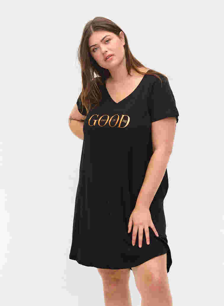 Kurzarm Baumwollnachthemd mit Print, Black GOOD, Model image number 0