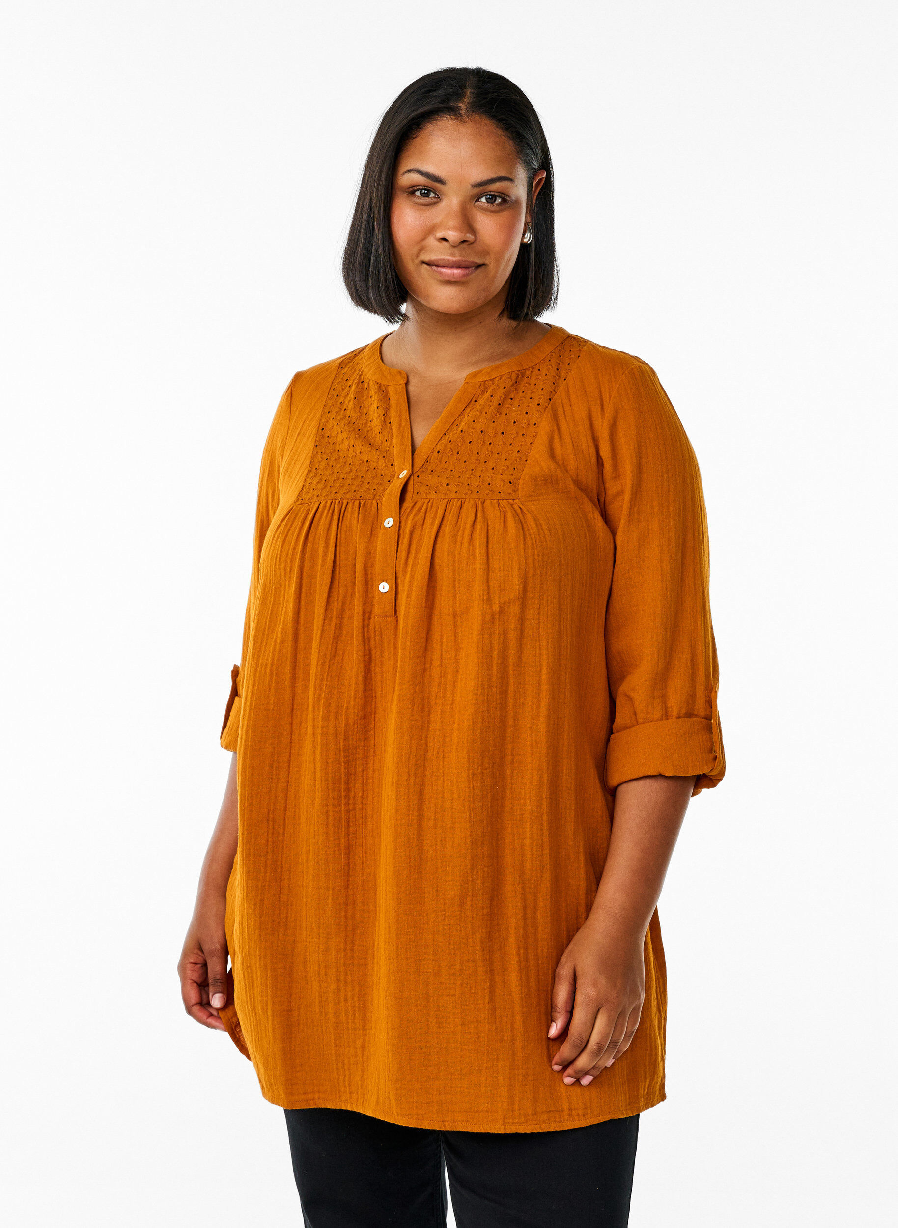 ZizziTunika aus Baumwollmusselin mit Broderie Anglaise, Orange, Model image number 0