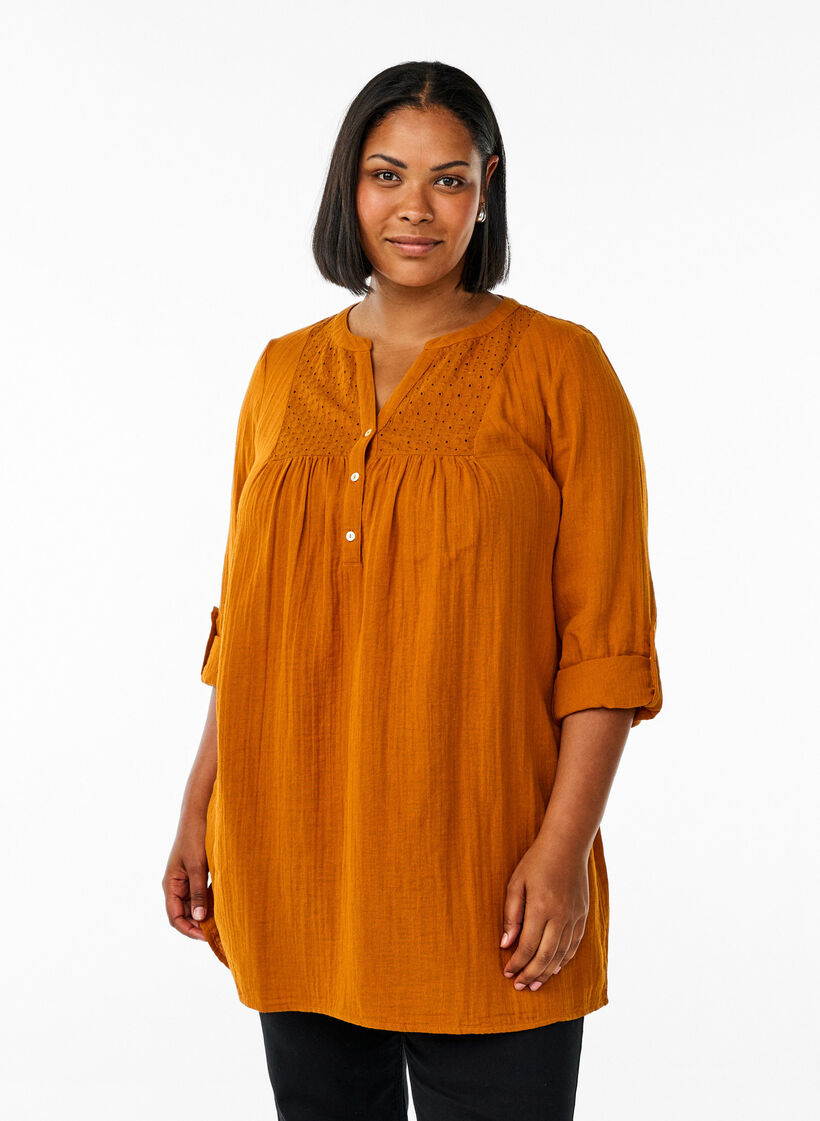 Tunika aus Baumwollmusselin mit Broderie Anglaise, Orange, Model image number 0