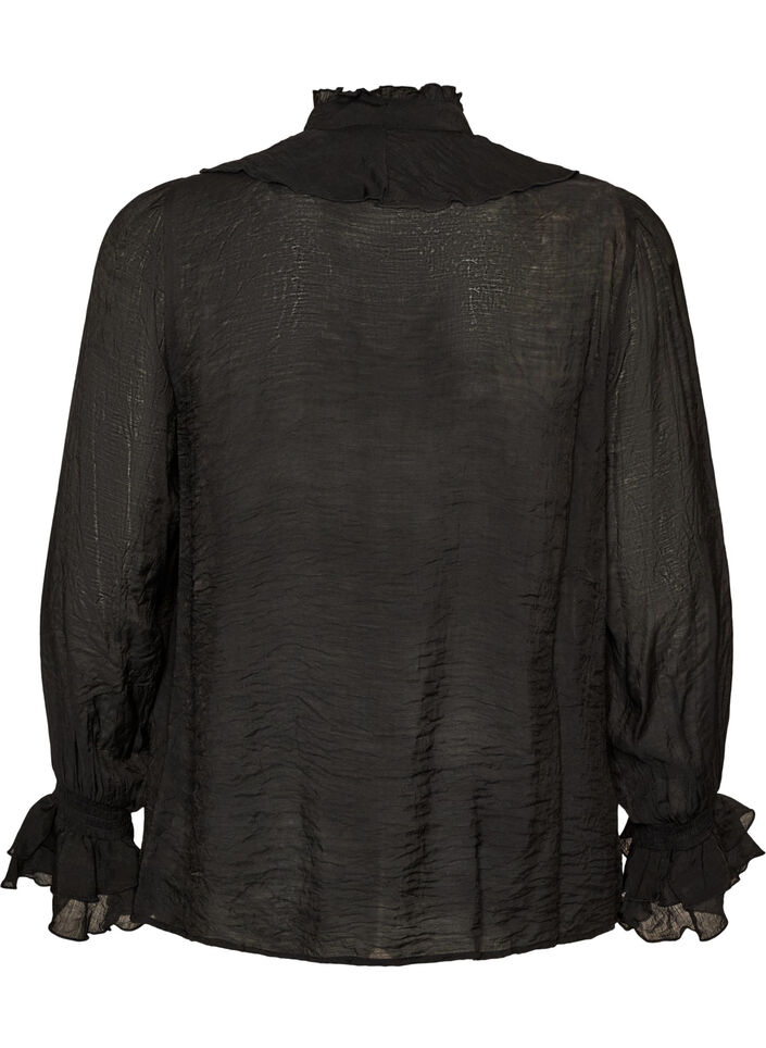 Viskosebluse mit R&uuml;schen und langen &Auml;rmeln, Schwarz, Packshot image number 1