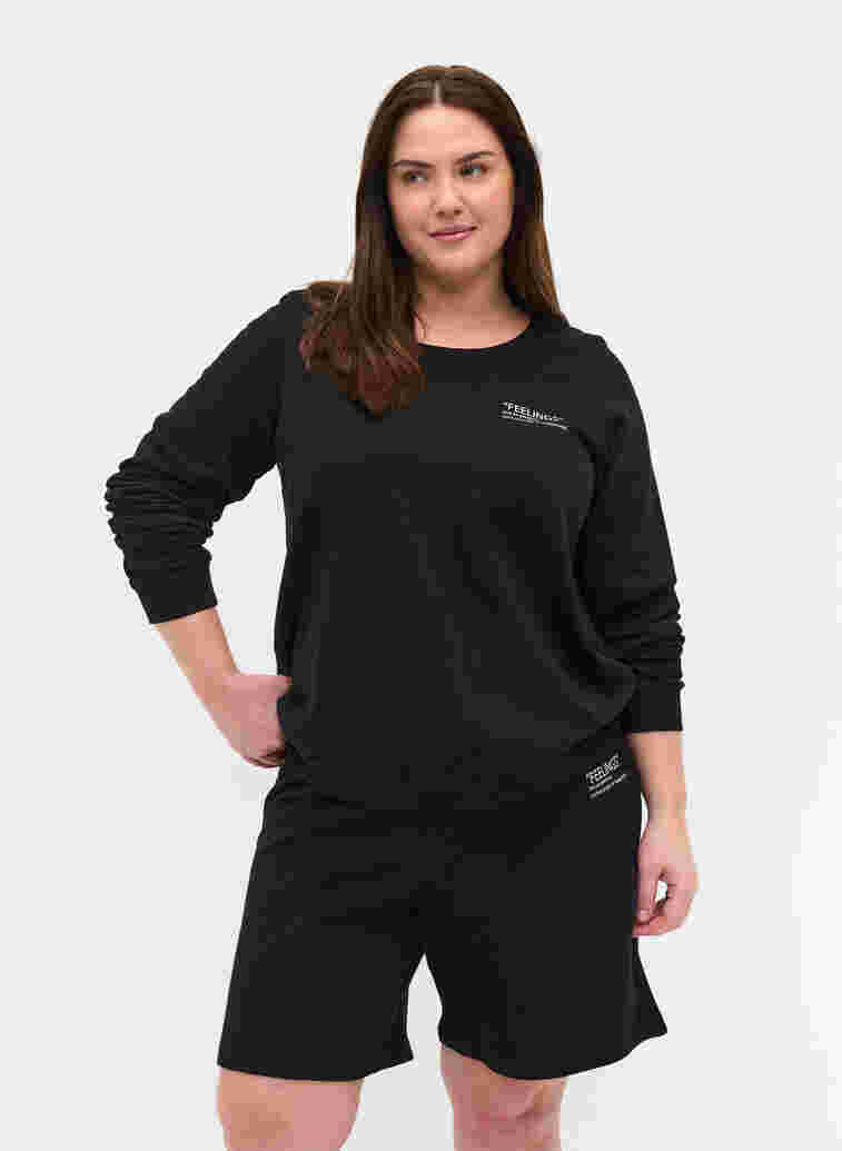Baumwollsweatshirt mit Textaufdruck, Black, Model