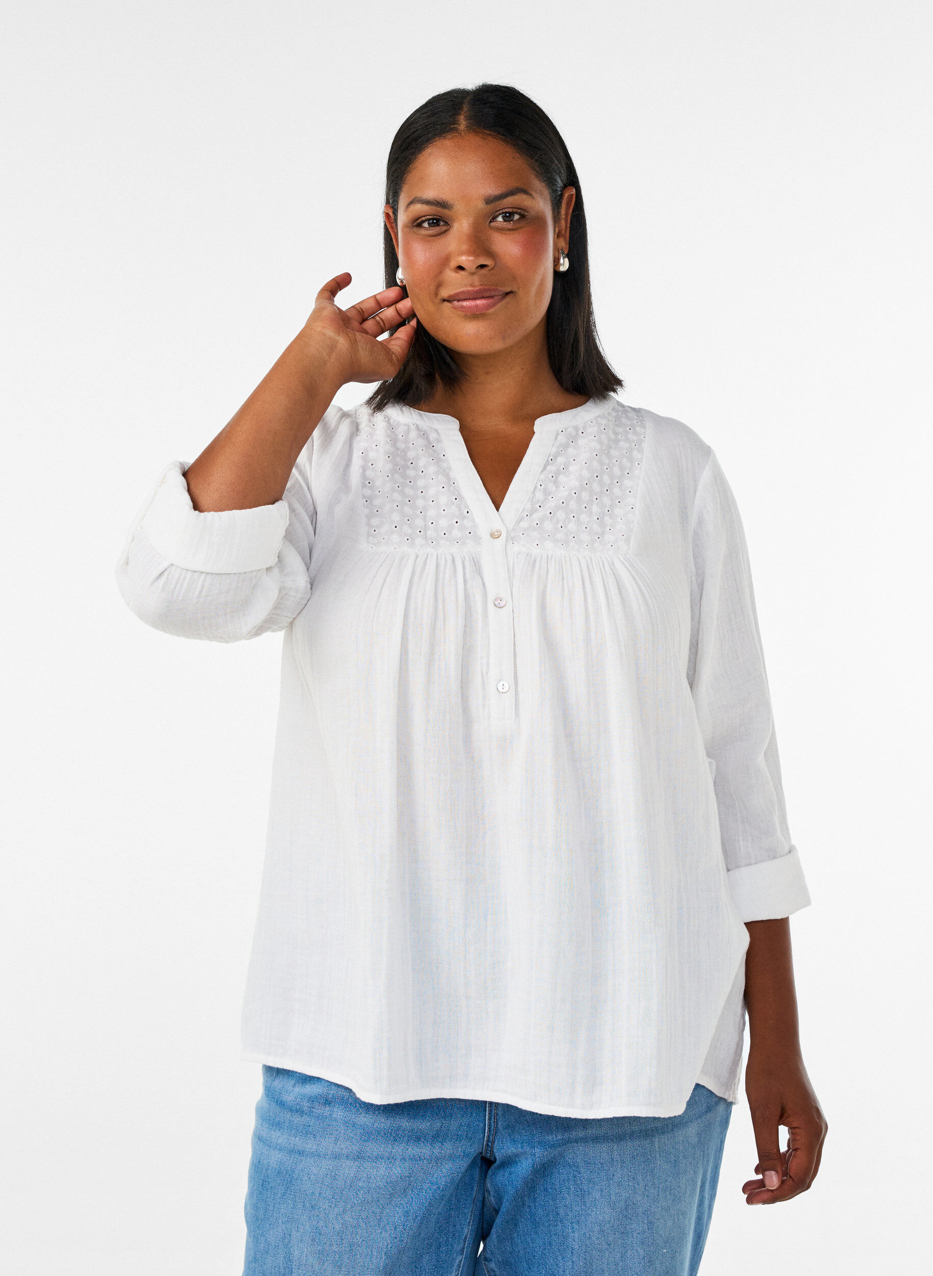 ZizziBluse aus Baumwollmusselin mit Lochstickerei, Wei&szlig;, Model image number 0