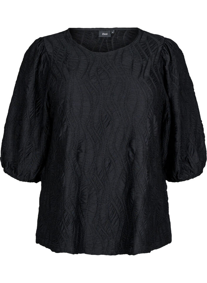 Bluse mit Struktur und 3/4-&Auml;rmeln, Schwarz, Packshot image number 0