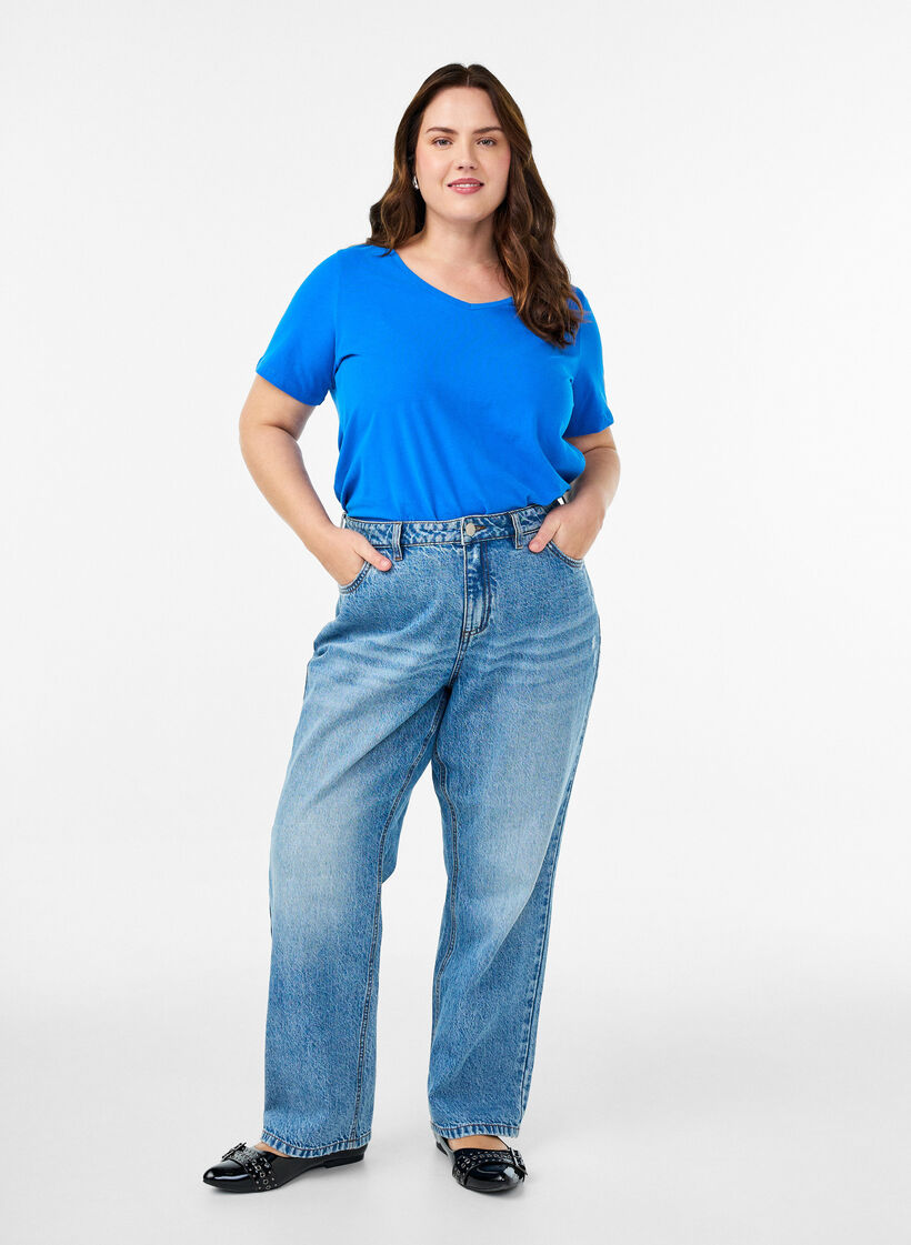 Einfarbiges Basic-T-Shirt aus Baumwolle, Blau, Model image number 1