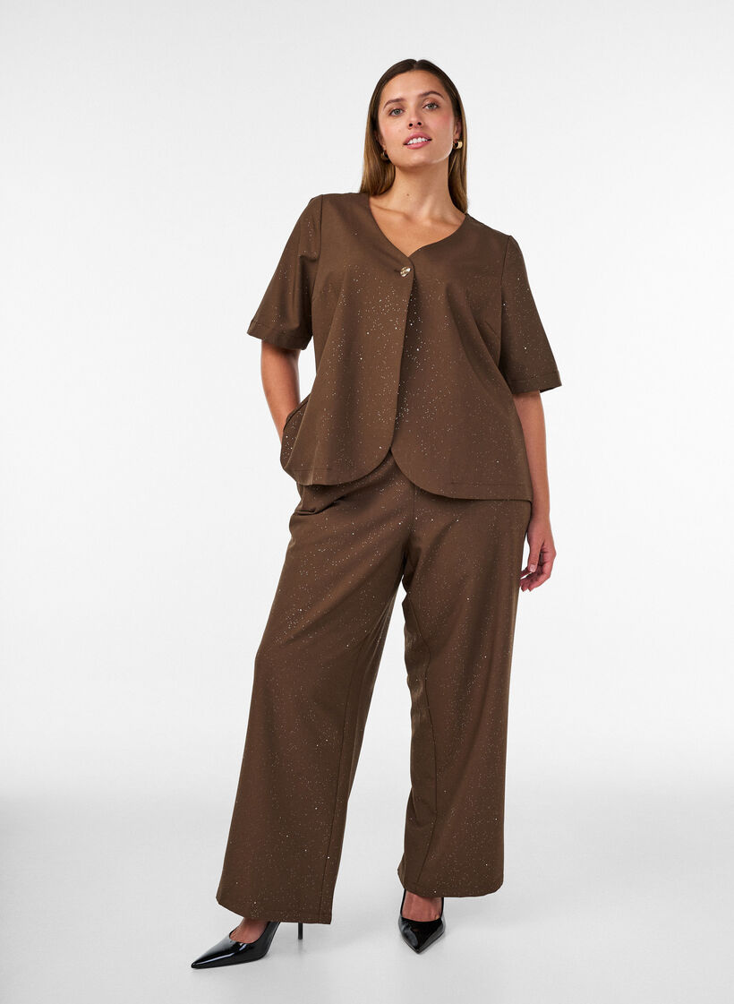 Hose mit Glitzer und weitem Bein, Braun, Model image number 0