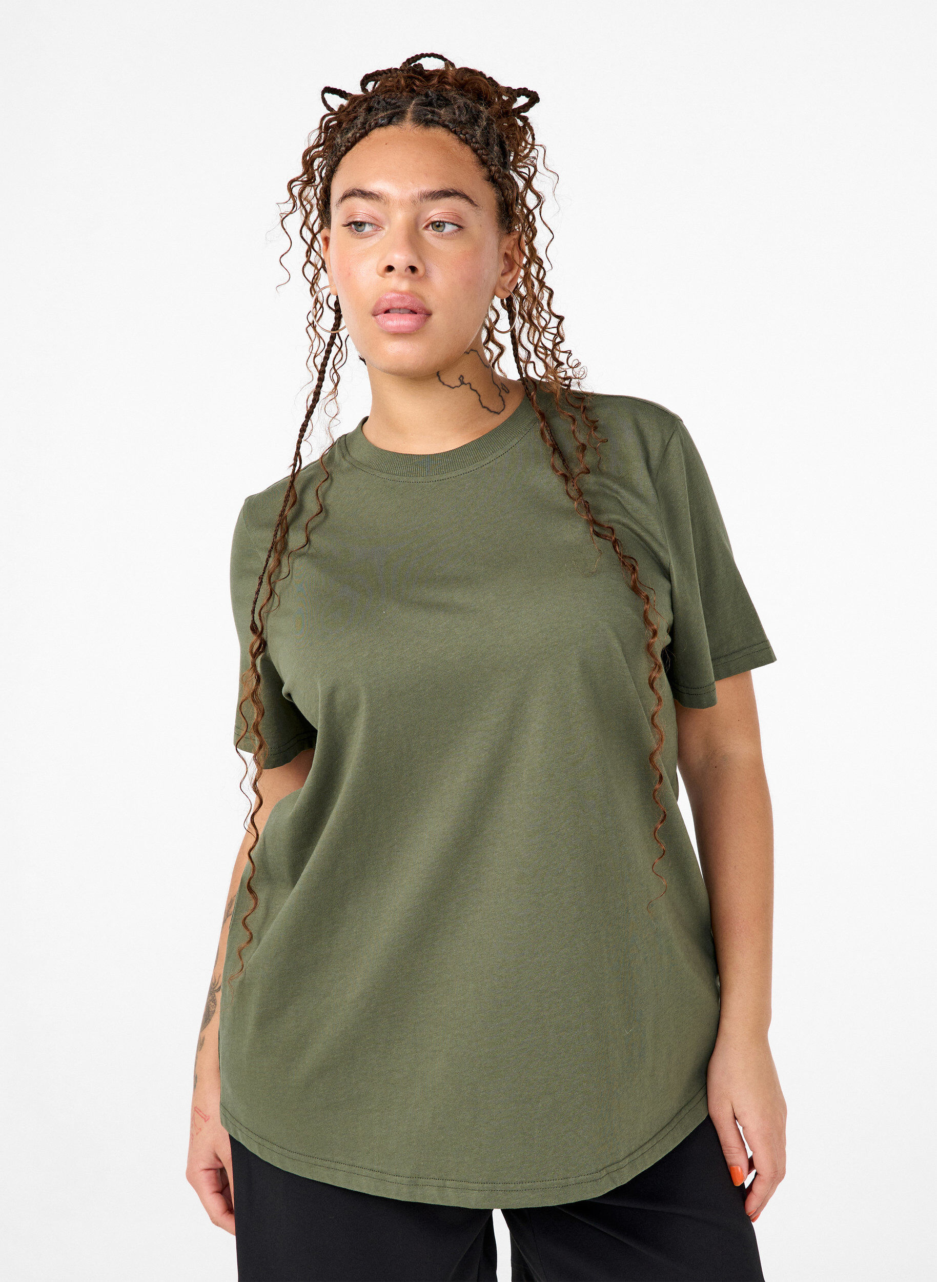 Zizzi Basic-T-Shirt aus Baumwolle mit Rundhalsausschnitt, Gr&uuml;n, Model image number 0