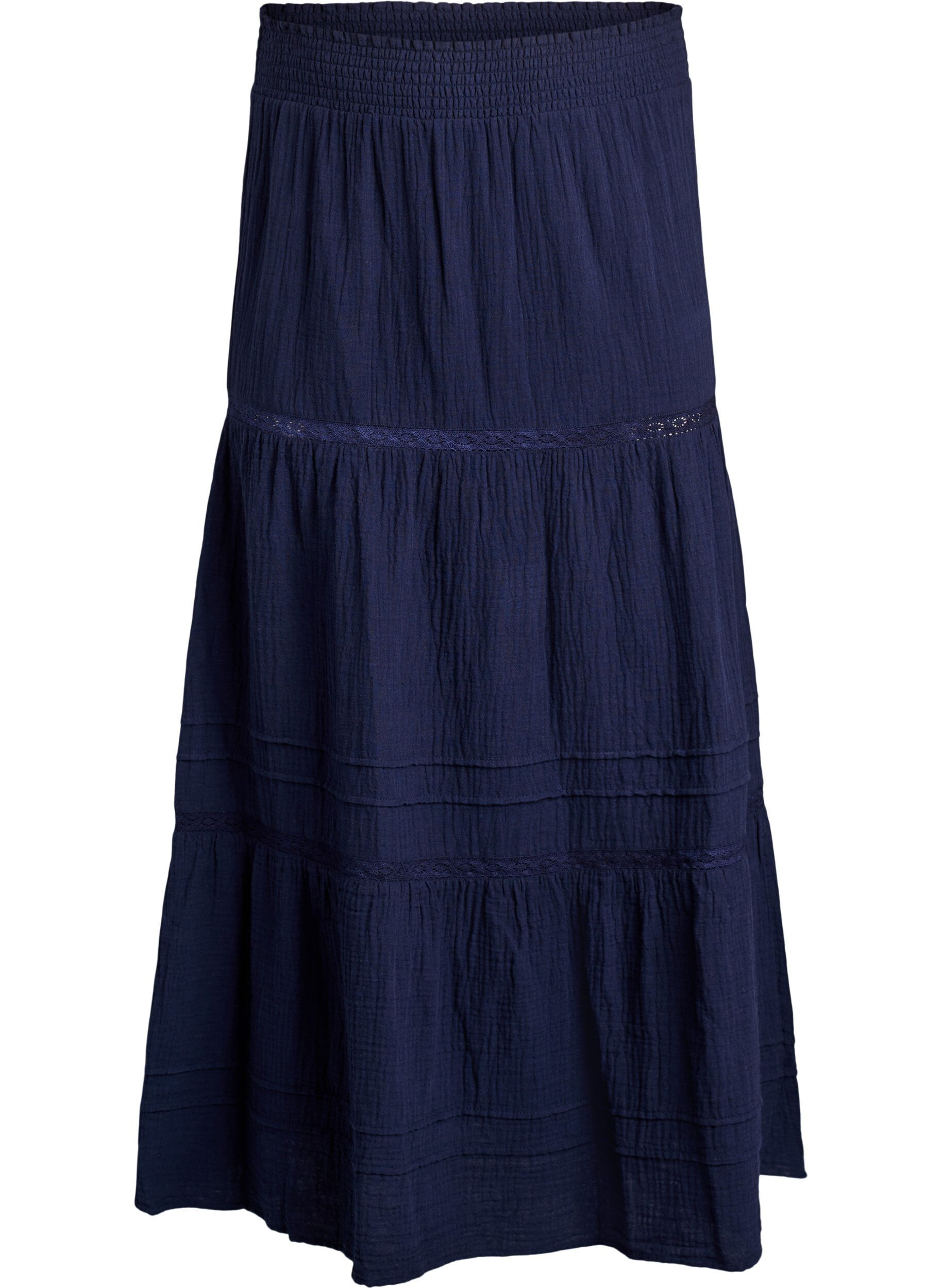 Midirock in A-Linie aus Baumwoll-Musselin mit H&auml;kelborte