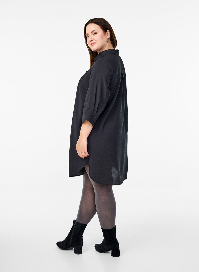 Kleid mit Kragen und Brusttasche, Schwarz, Model image number 2