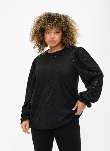  Langärmlige Bluse mit Lochmuster, Black, Model image number 0