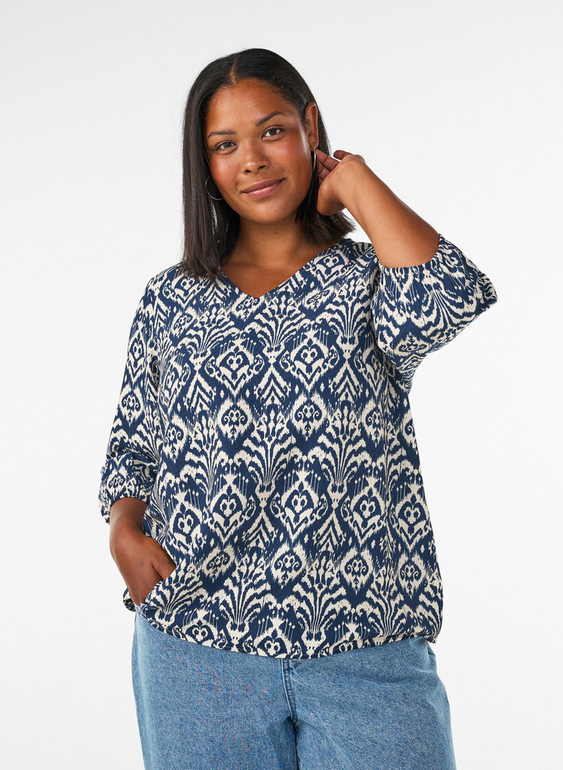 Gemusterte Bluse aus Viskose mit 3/4-&Auml;rmeln, Blau, Model image number 0
