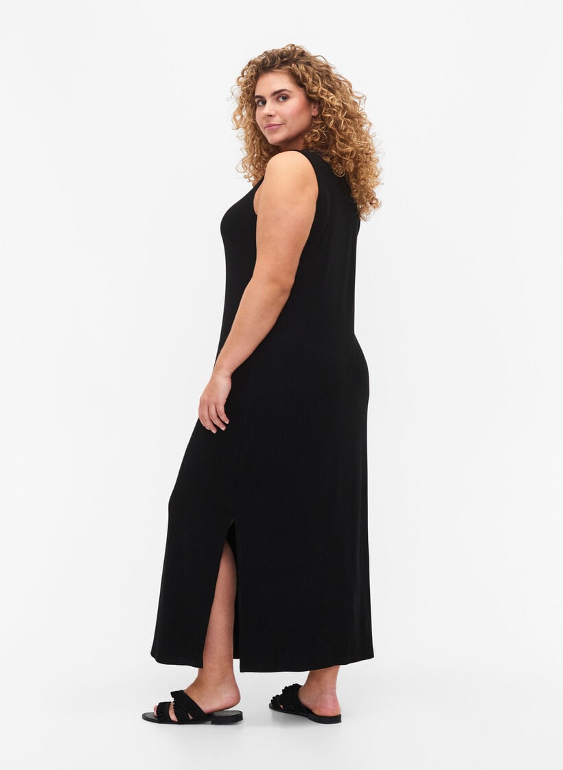 Ärmelloses geripptes Kleid aus Viskose, Schwarz, Model image number 1