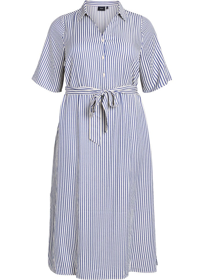 Kn&ouml;chellanges Hemdblusenkleid mit Bindeg&uuml;rtel und Streifen, Blau, Packshot image number 0