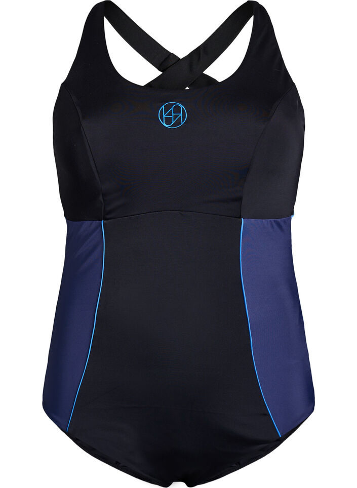 Sportbadeanzug mit &uuml;berkreuzten Tr&auml;gern, Schwarz, Packshot image number 0