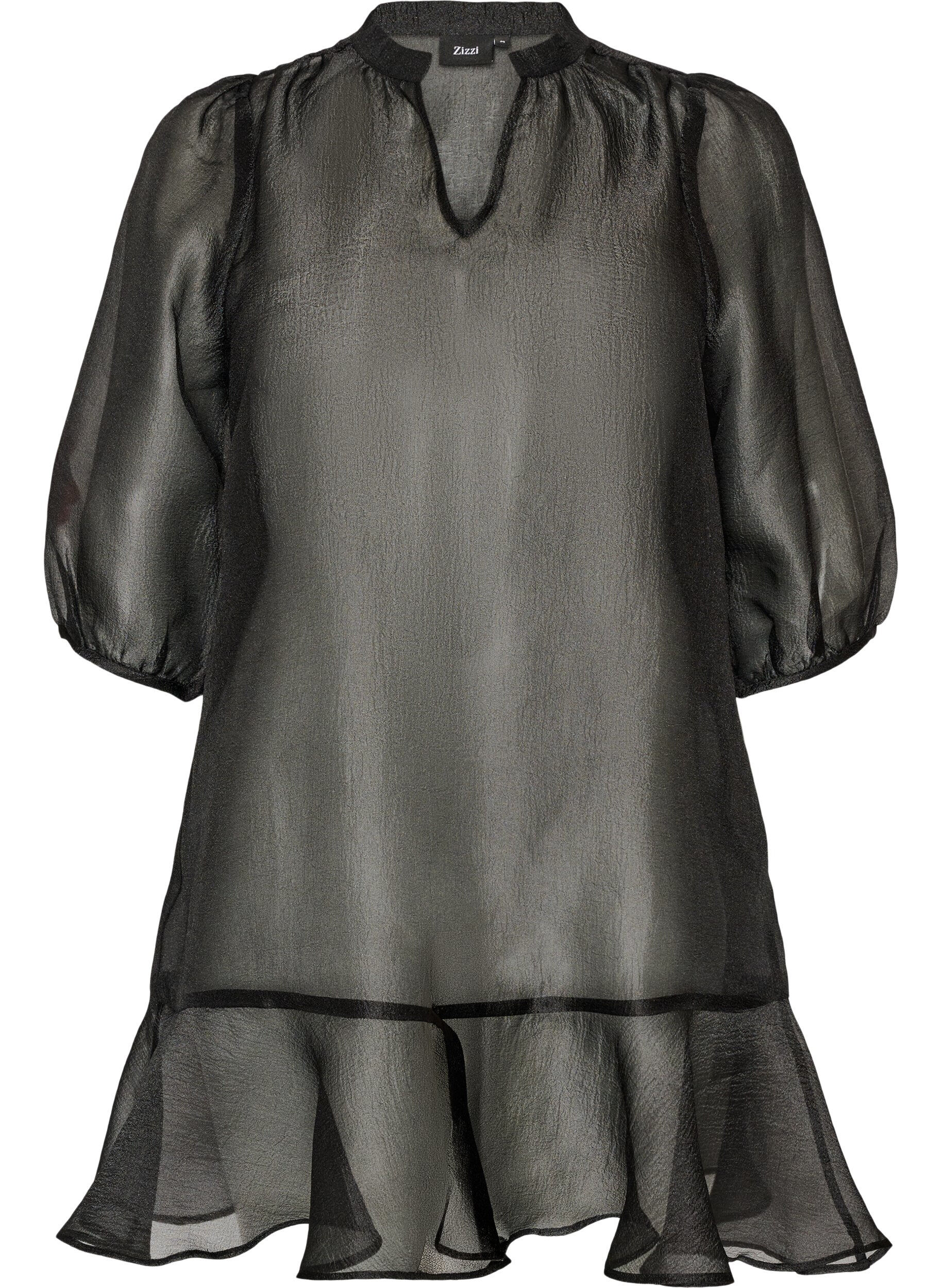 ZizziKurzes Kleid aus Organza mit R&uuml;schensaum, Schwarz, Packshot image number 0